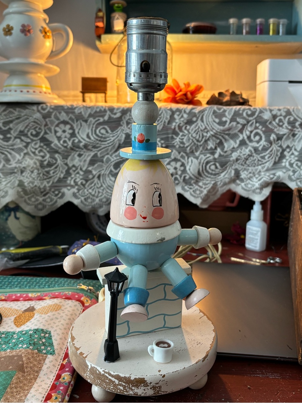 Vintage 1960s  Blue Humpty Dumpty Wooden Table Lamp